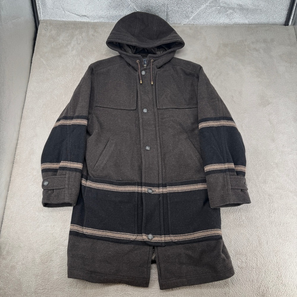 Gap Mens Small Brown Wool Blend Hooded Duffle Coat Preowned Striped Quilted Line